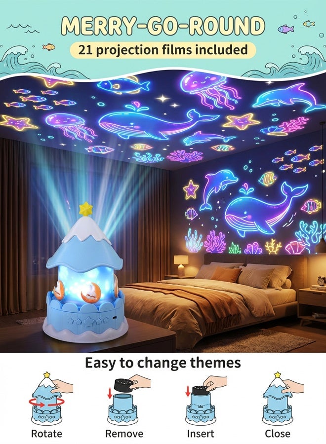 جودي بلاي مصباح عرض للأطفال على شكل كاروسيل - أزرق - قابل للتوصيل بالكهرباء يتميز هذا المصباح بـ 21 مجموعة أفلام و 3 ألوان إضاءة، ويقدم 21 مشهدًا مميزًا بما في ذلك السماء المرصعة بالنجوم لتهدئة الأطفال للنوم، وحيدات القرن الحالمة، ومناظر المحيط، واحتفالات أعياد الميلاد، والموضوعات التعليمية، والرسوم الحيوانية. استمتع برفقة رومانسية جديدة كل ليلة. - Image 3